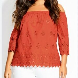 City Chic Rust Orange Peekaboo Off the Shoulder Top Size M/ 18 Plus Size